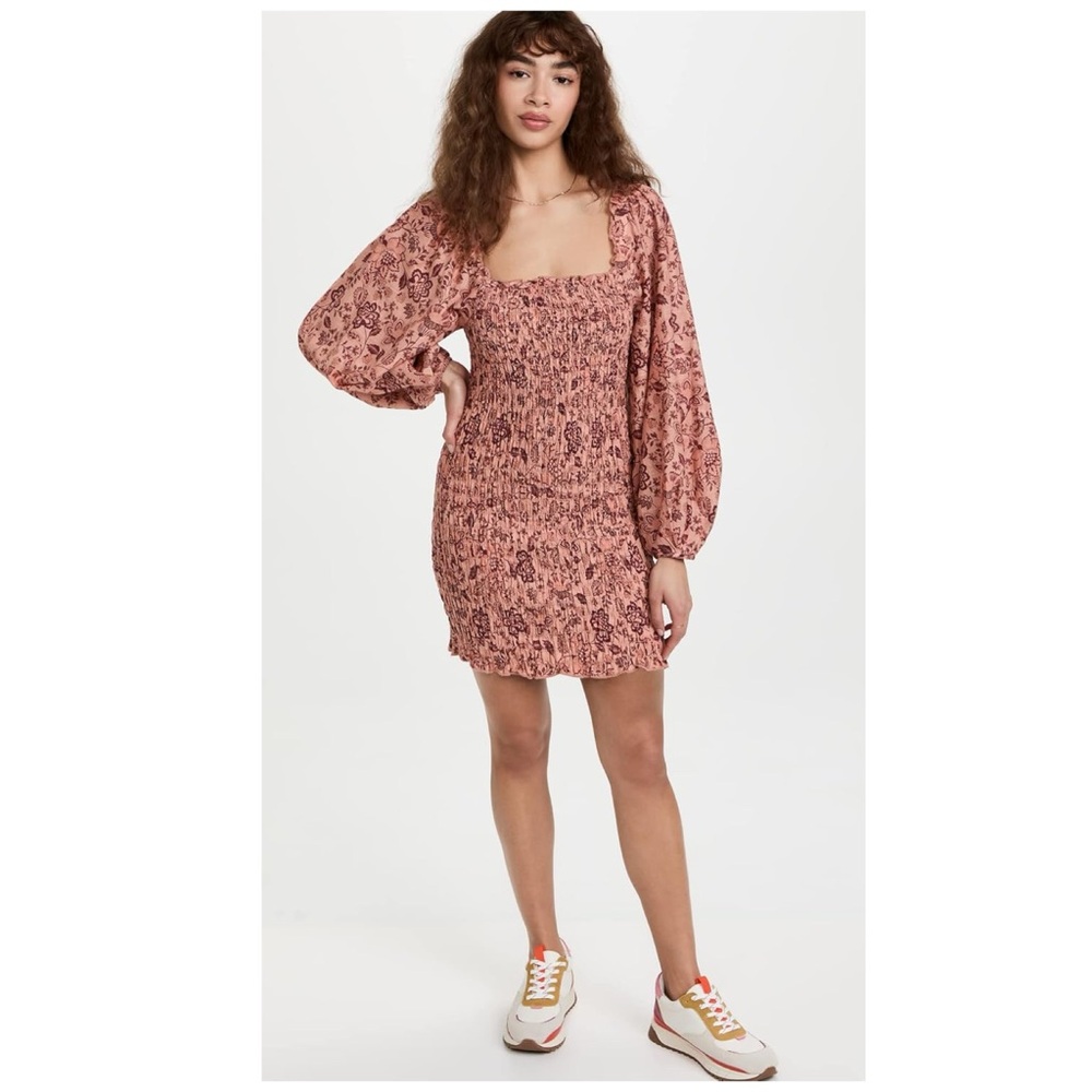 FREE PEOPLE Smock it to Me Floral On/Off Shoulder Mini Dress Coquette Milkmaid S - Picture 3 of 16